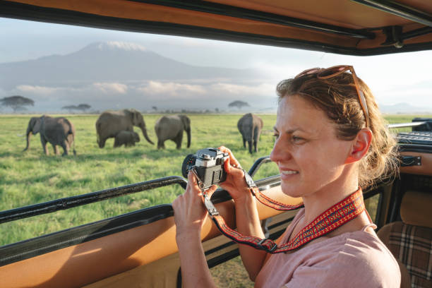 Woman enjoying safari with elephants and Kilimanjaro mountain during sunset Amboseli National Park, Kenya